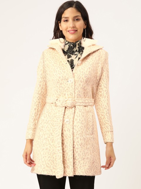 

Monte Carlo Women Off-White and Beige Self-Design Longline Coat