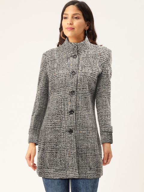 

Monte Carlo Women Black and White Self Checked Single-Breasted Longline Overcoat