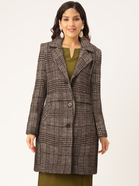 

Monte Carlo Women Grey & Coffee Brown Fuzzy Checked Overcoat