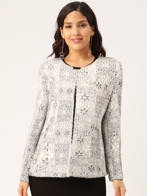 

Monte Carlo Women Off-White & Black Printed Open Front Jacket