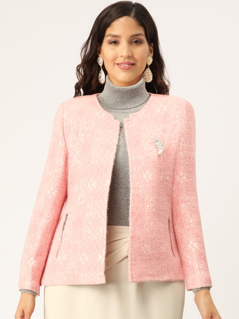 

Monte Carlo Women Pink Self-Design Fuzzy Open Front Jacket