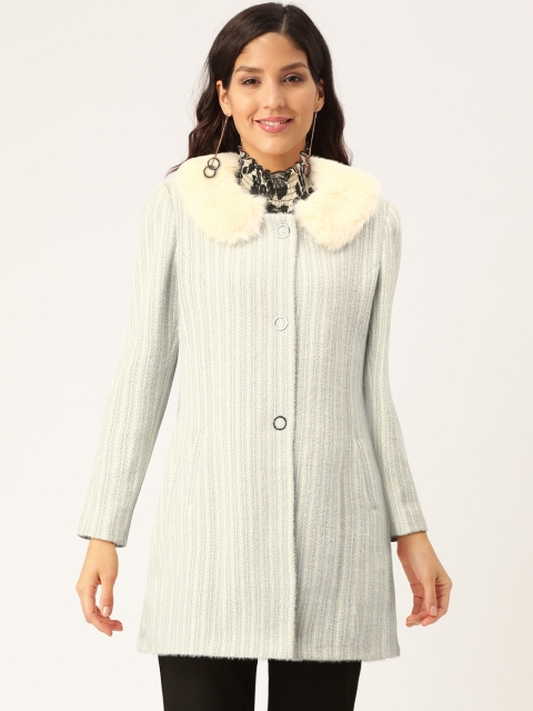 

Monte Carlo Women Off-White & Blue Self-Striped Longline Overcoat