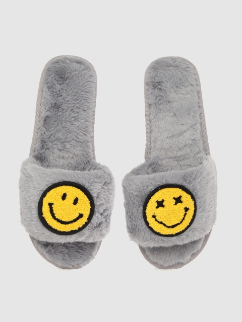 

DressBerry Women Grey & Yellow Emoji Applique Faux Fur Room Slippers