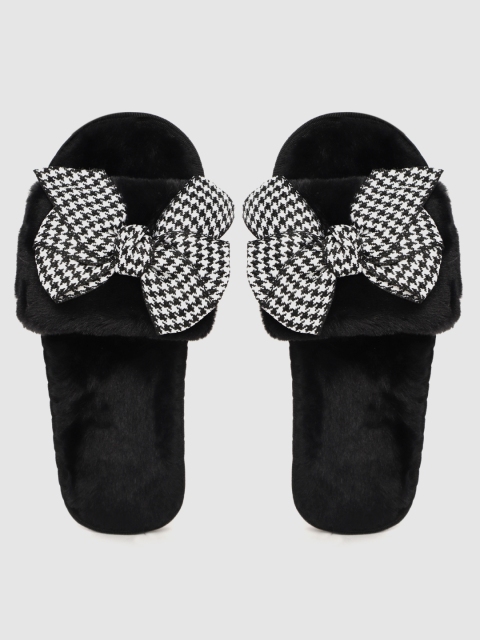 

DressBerry Women Black & White Solid Faux Fur Room Slippers with Houndstooth Bow Detail