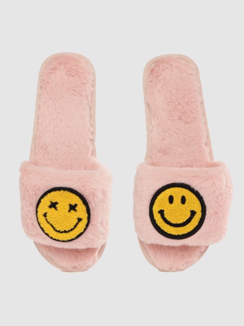 

DressBerry Women Pink & Yellow Emoji Applique Faux Fur Room Slippers