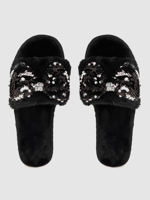 

DressBerry Women Black & Silver-Toned Sequinned Faux Fur Room Slippers