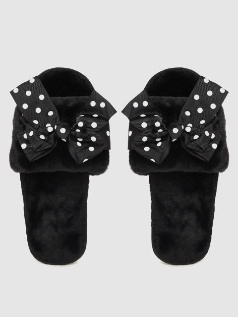 

DressBerry Women Black & White Faux Fur Room Slippers with Polka Dots Print Bow Detail
