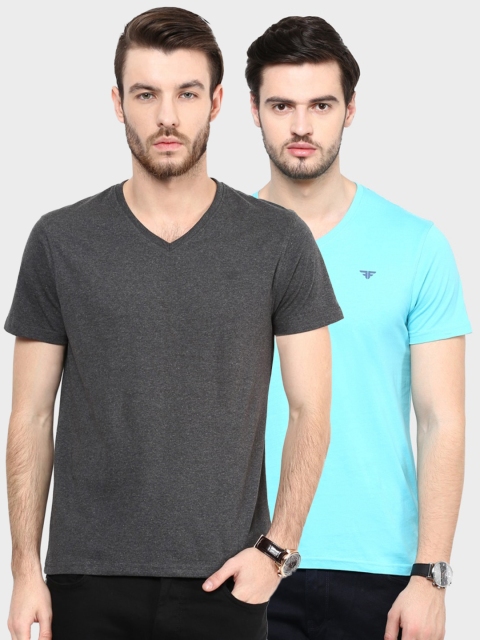 

Fame Forever by Lifestyle Pack Of 2 Men Grey & Turquoise Blue Solid V-Neck T-shirt