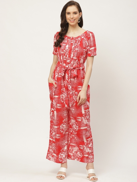 

Cottinfab Women Red & White Printed Waist-Tie Up Basic Jumpsuit