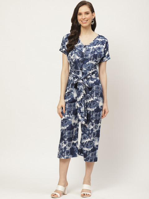 

Cottinfab Women Blue & White Printed Waist Tie-up Culottes Jumpsuit