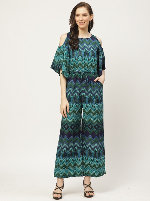 

Cottinfab Women Green & Blue Printed Waist Tie-Up Cold-Shoulder Jumpsuit