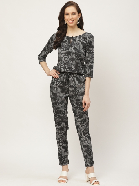 

Cottinfab Women Charcoal Grey & Off-White Printed Waist Tie-Up Basic Jumpsuit