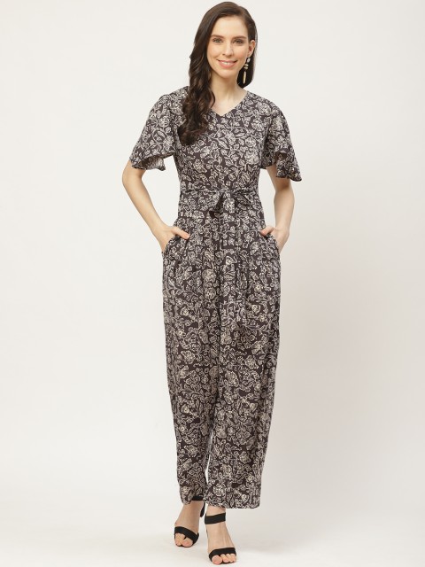 

Cottinfab Women Charcoal Grey & Off-White Ethnic Print Waist Tie-Up Jumpsuit