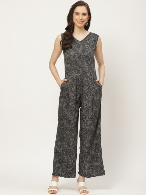 

Cottinfab Women Charcaol Grey & Black Pleated Tropical Printed Waist Tie-Up Basic Jumpsuit, Charcoal