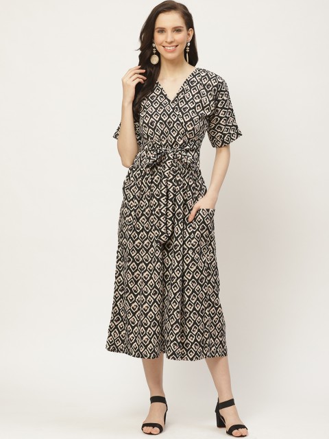 

Cottinfab Women Black & Cream-Coloured Printed Waist Tie-Up Culottes Jumpsuit