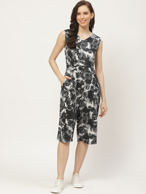 

Cottinfab Women Black & Off-White Pleated Floral Printed Capri Jumpsuit