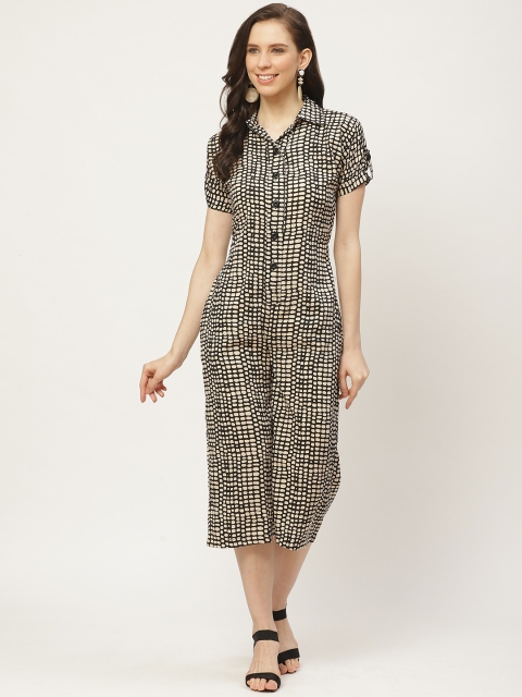 

Cottinfab Women Black & Beige Printed Waist Tie-Up Capri Jumpsuit