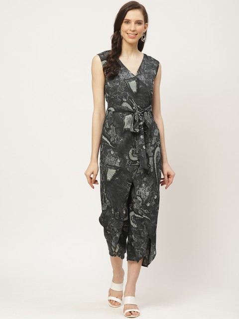 

Cottinfab Women Charcoal Grey Printed Waist Tie-Up Tulip Hem Culotte Jumpsuit