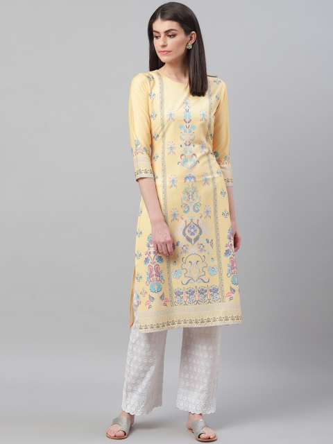 

AHIKA Women Yellow & Blue Screen Printed Straight Kurta