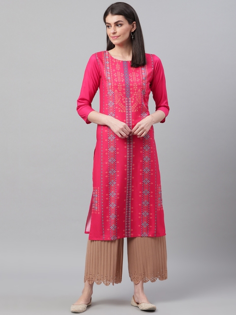 

AHIKA Women Pink & Blue Screen Printed Straight Kurta
