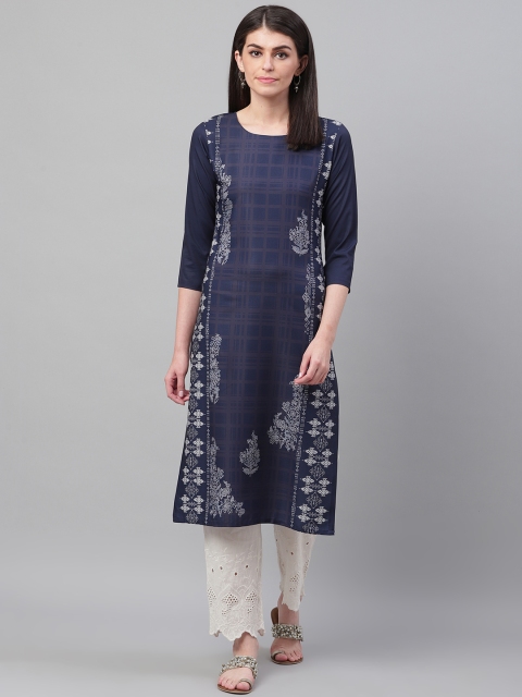 

AHIKA Women Navy Blue & White Screen Printed Straight Kurta