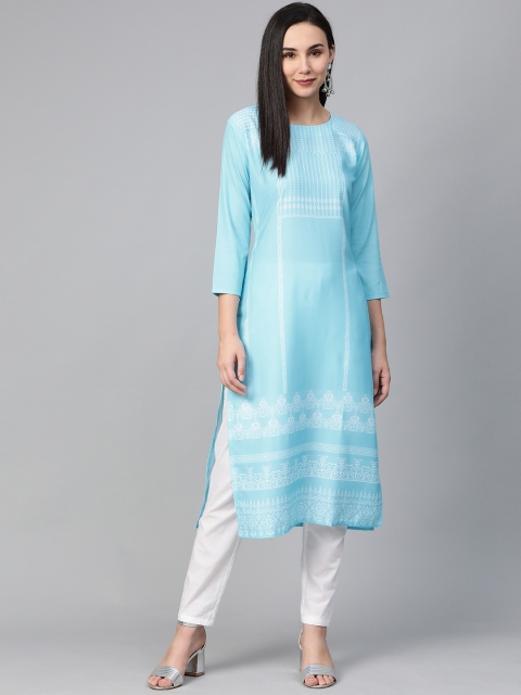 

AHIKA Women Blue & White Screen Printed Straight Kurta