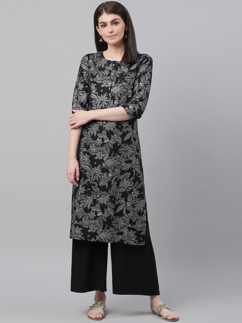

AHIKA Women Black & Silver Printed Straight Kurta