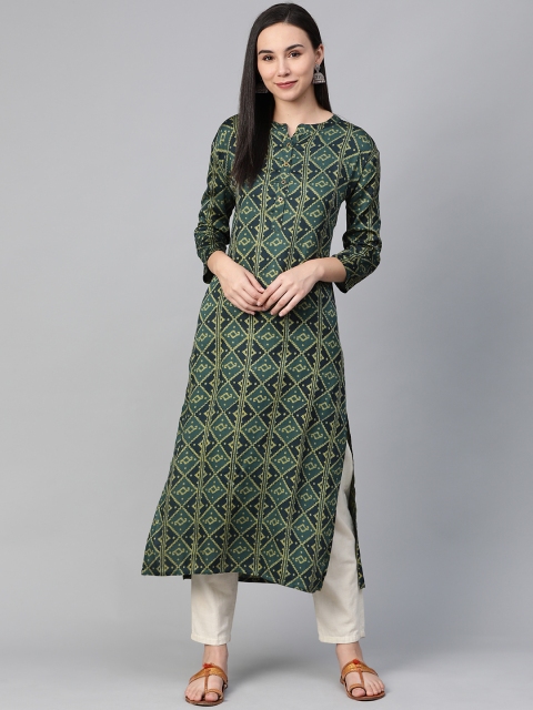 

AHIKA Women Green & Navy Blue Screen Print Straight Kurta