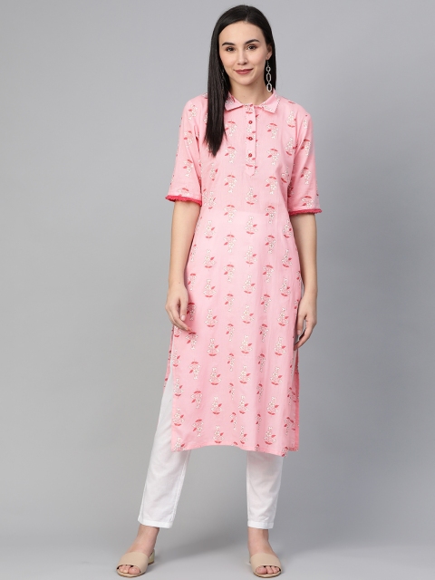 

AHIKA Women Pink & White Screen Print Straight Kurta