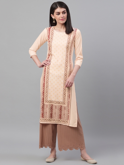 

AHIKA Women Peach-Coloured & Maroon Printed Straight Kurta