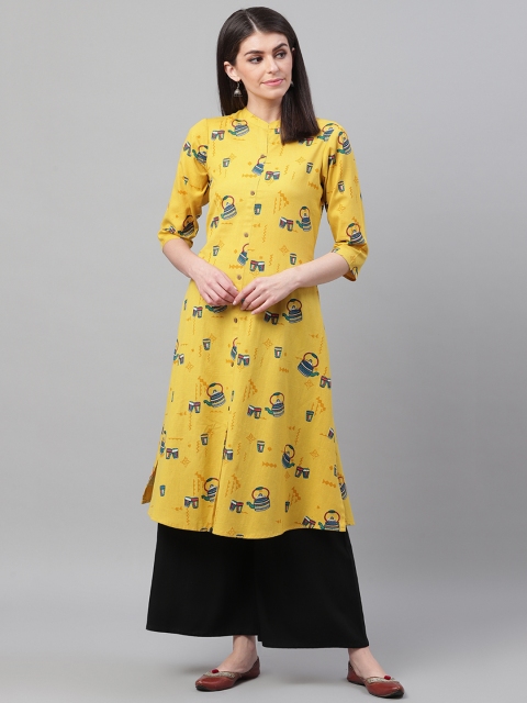 

AHIKA Women Mustard Yellow & Green Quirky Printed A-Line Kurta