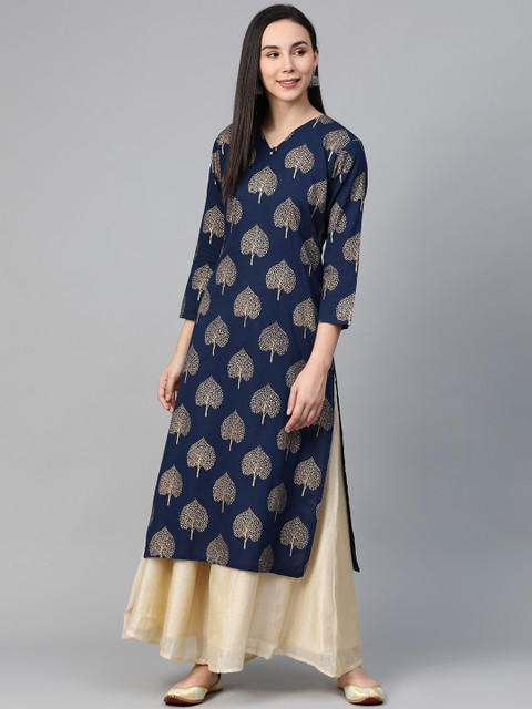 

AHIKA Women Navy Blue & Golden Screen Print Straight Kurta