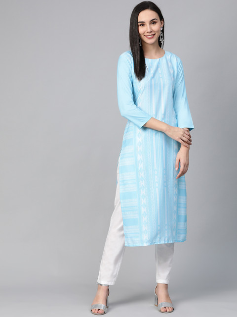 

AHIKA Women Blue & White Screen Print Straight Kurta
