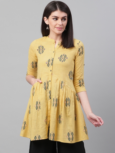 

AHIKA Women Yellow & Navy Blue Printed A-Line Kurta
