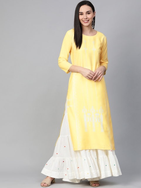 

AHIKA Women Yellow & White Screen Print Straight Kurta