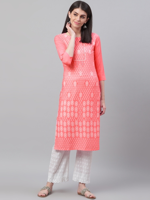 

AHIKA Women Pink & White Printed Straight Kurta