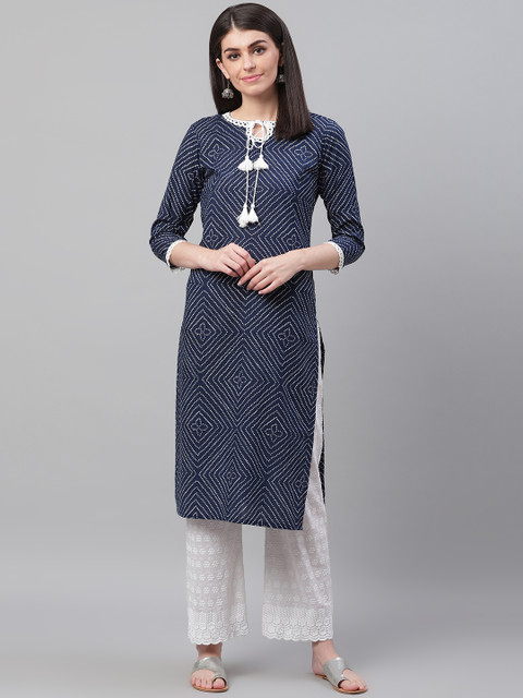

AHIKA Women Navy Blue & Grey Bandhani Print Straight Kurta