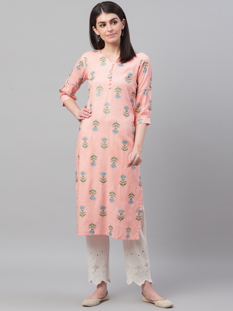 

AHIKA Women Peach-Coloured & Blue Printed Straight Kurta