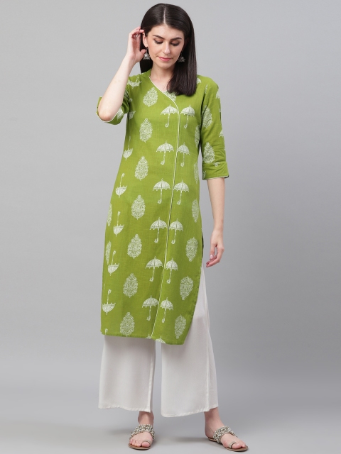 

AHIKA Women Green & White Quirky Screen Printed Straight Kurta