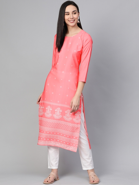 

AHIKA Women Pink & White Printed Straight Kurta