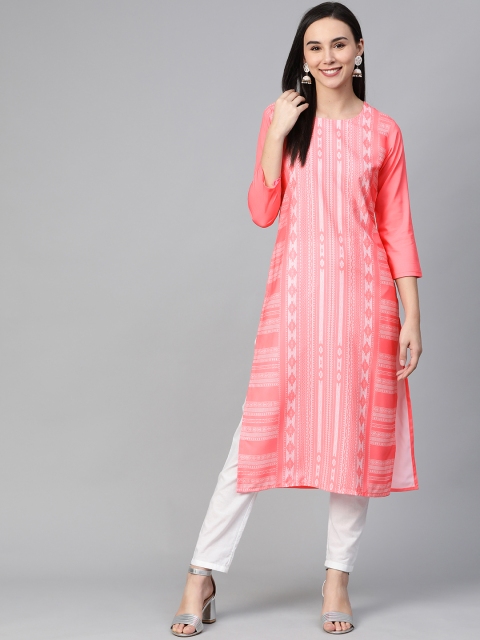 

AHIKA Women Pink & White Screen Printed Straight Kurta