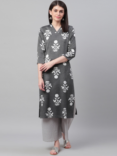 

AHIKA Women Charcoal Grey & White Screen Printed Straight Kurta