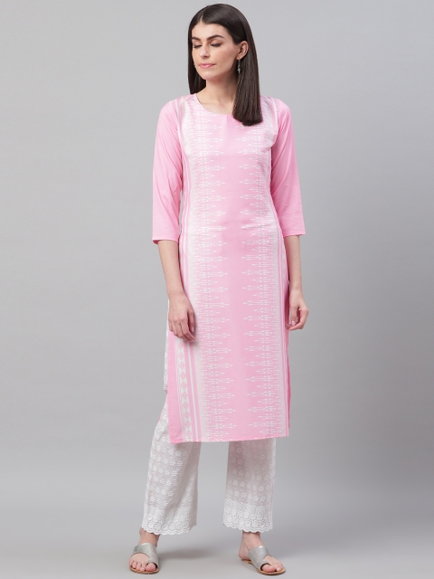 

AHIKA Women Pink & White Screen Printed Straight Kurta