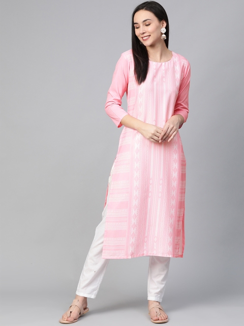 

AHIKA Women Pink & White Printed Straight Kurta
