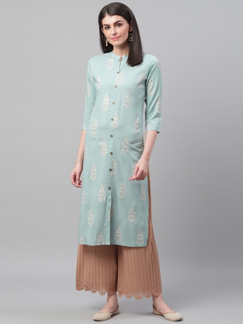 

AHIKA Women Sea Green & White Screen Printed Straight Kurta