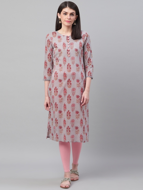 

AHIKA Women Grey & Pink Floral Screen Printed Straight Kurta