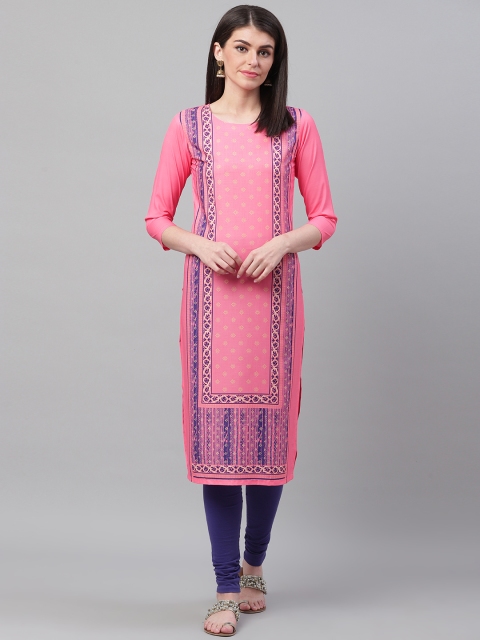 

AHIKA Women Pink & Blue Screen Printed Straight Kurta