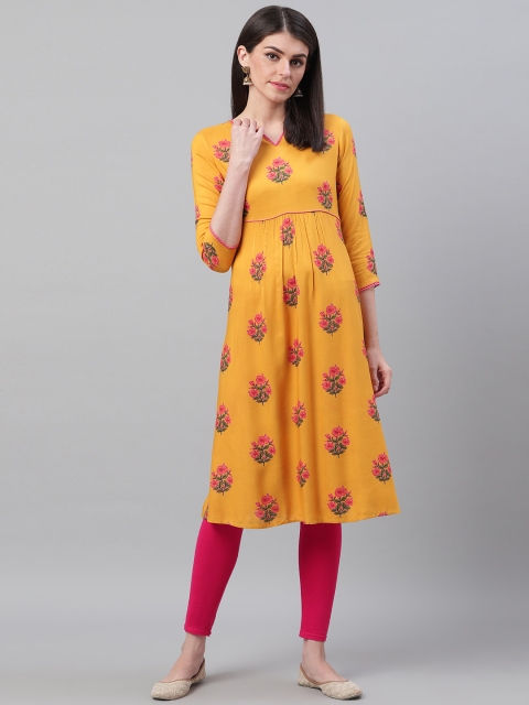 

AHIKA Women Mustard Yellow & Pink Floral Screen Printed A-Line Kurta