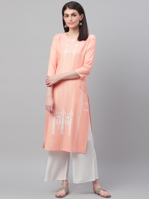 

AHIKA Women Peach-Coloured & White Screen Printed Straight Kurta