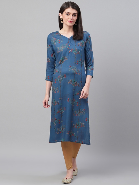 

AHIKA Women Navy Blue & Coral Red Floral Screen Printed Straight Kurta